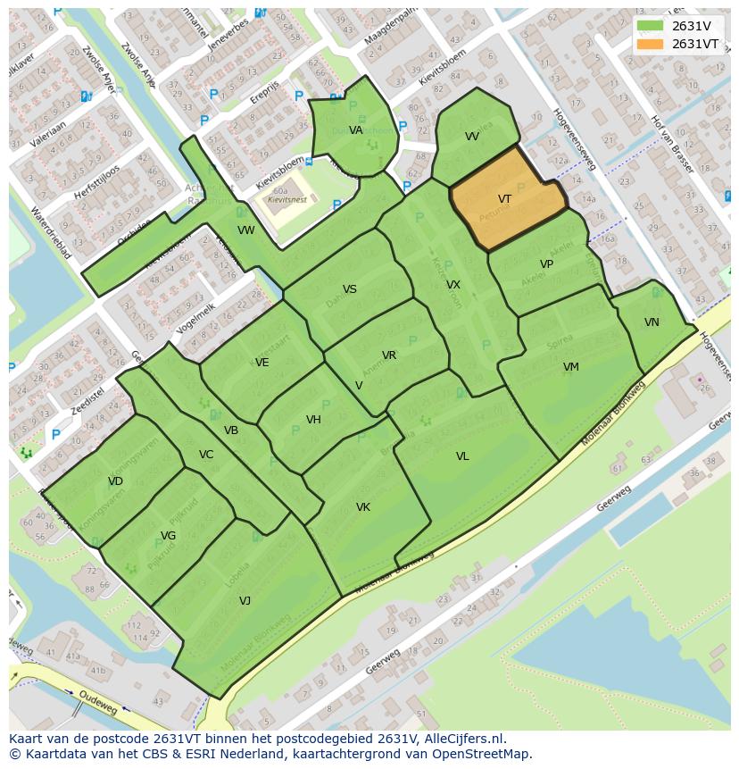 Afbeelding van het postcodegebied 2631 VT op de kaart.