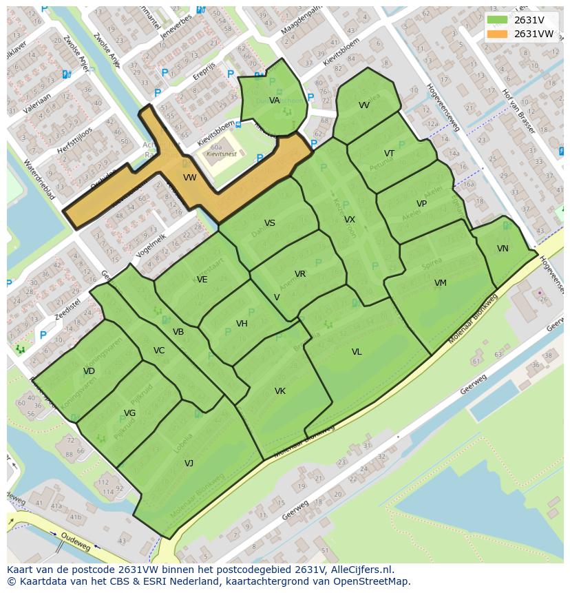 Afbeelding van het postcodegebied 2631 VW op de kaart.