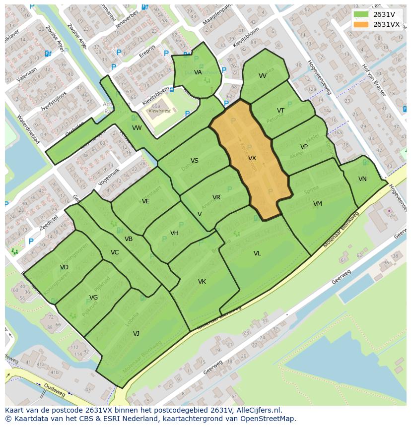 Afbeelding van het postcodegebied 2631 VX op de kaart.