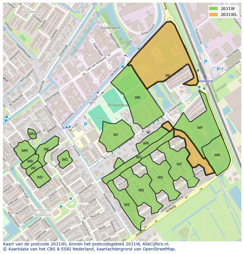 Afbeelding van het postcodegebied 2631 WL op de kaart.