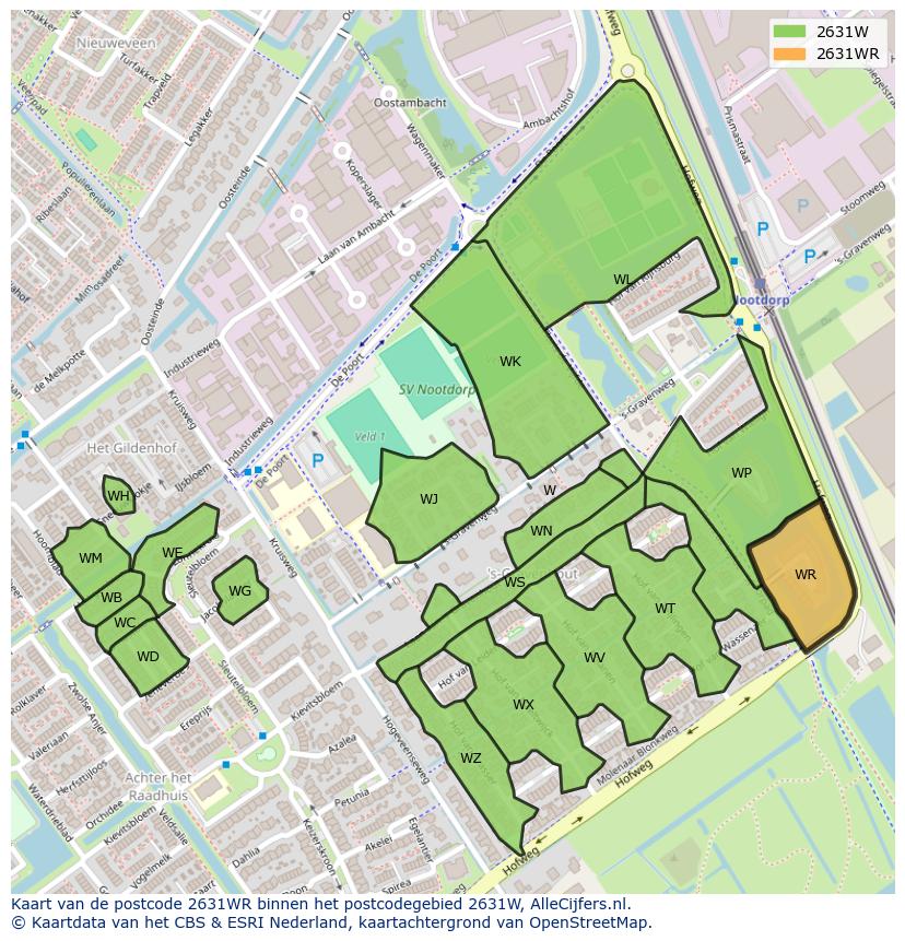 Afbeelding van het postcodegebied 2631 WR op de kaart.