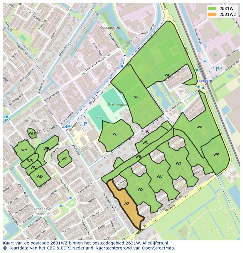 Afbeelding van het postcodegebied 2631 WZ op de kaart.