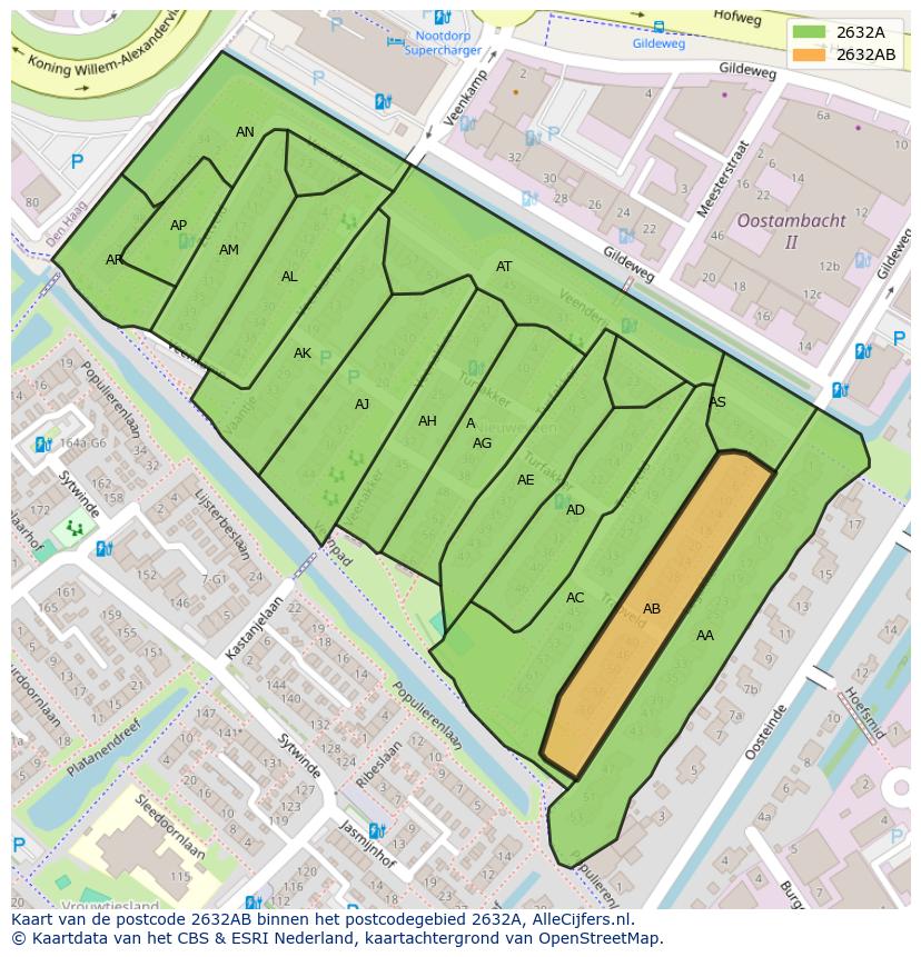 Afbeelding van het postcodegebied 2632 AB op de kaart.