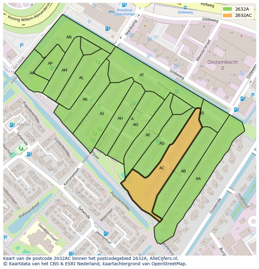 Afbeelding van het postcodegebied 2632 AC op de kaart.