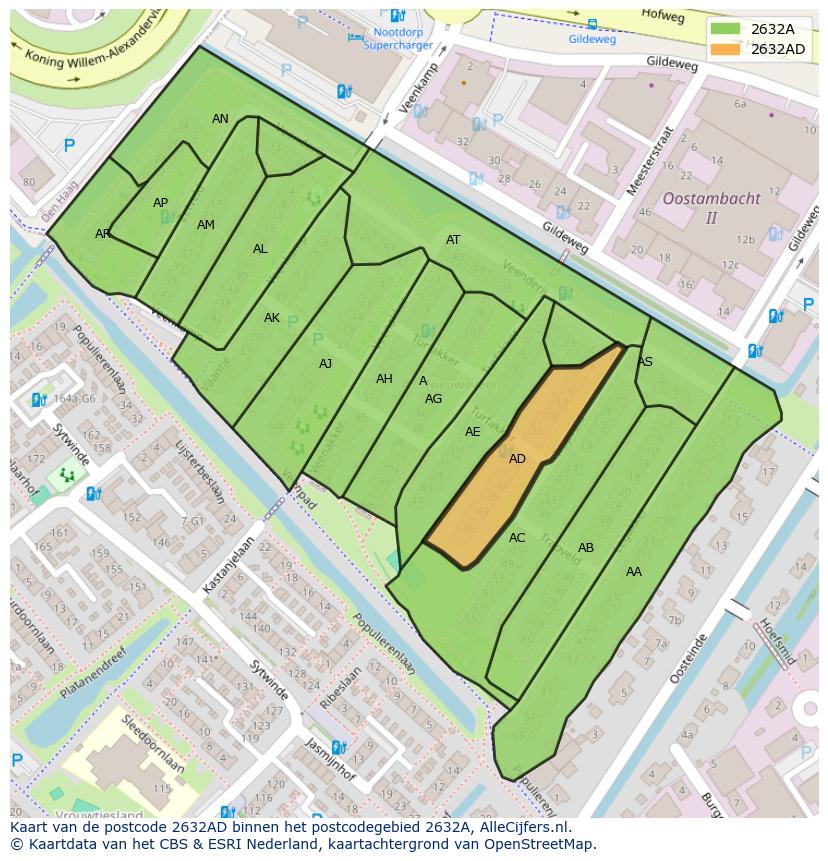 Afbeelding van het postcodegebied 2632 AD op de kaart.