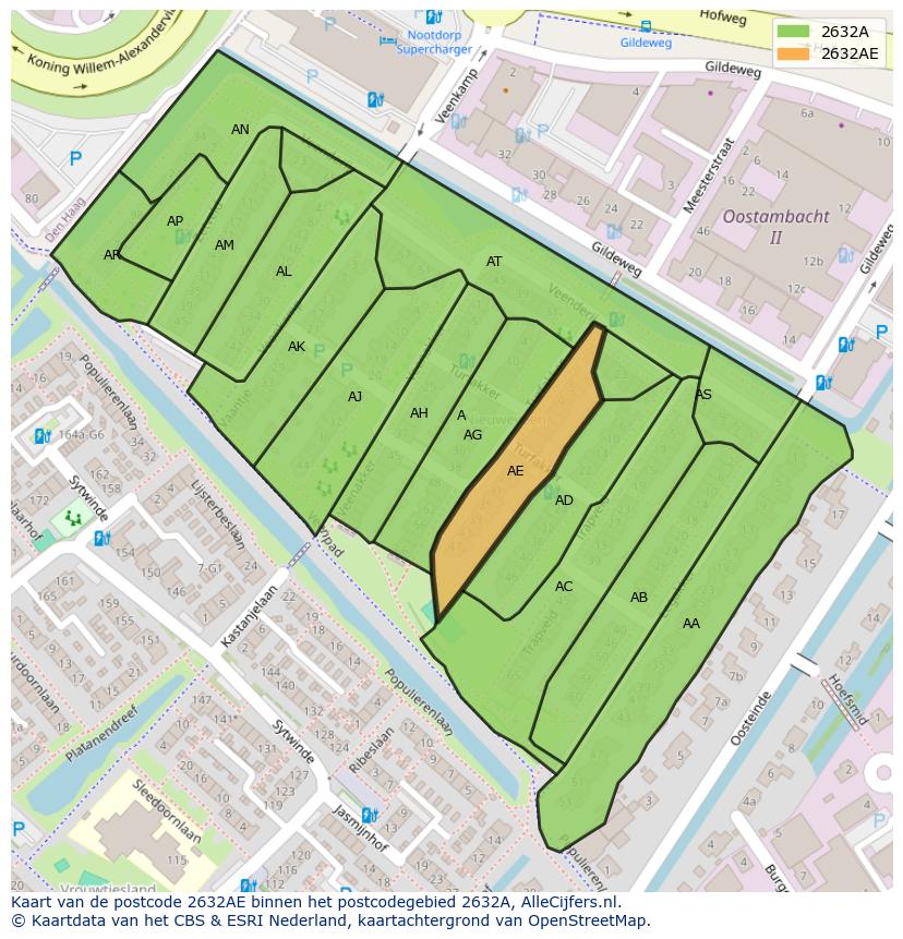 Afbeelding van het postcodegebied 2632 AE op de kaart.