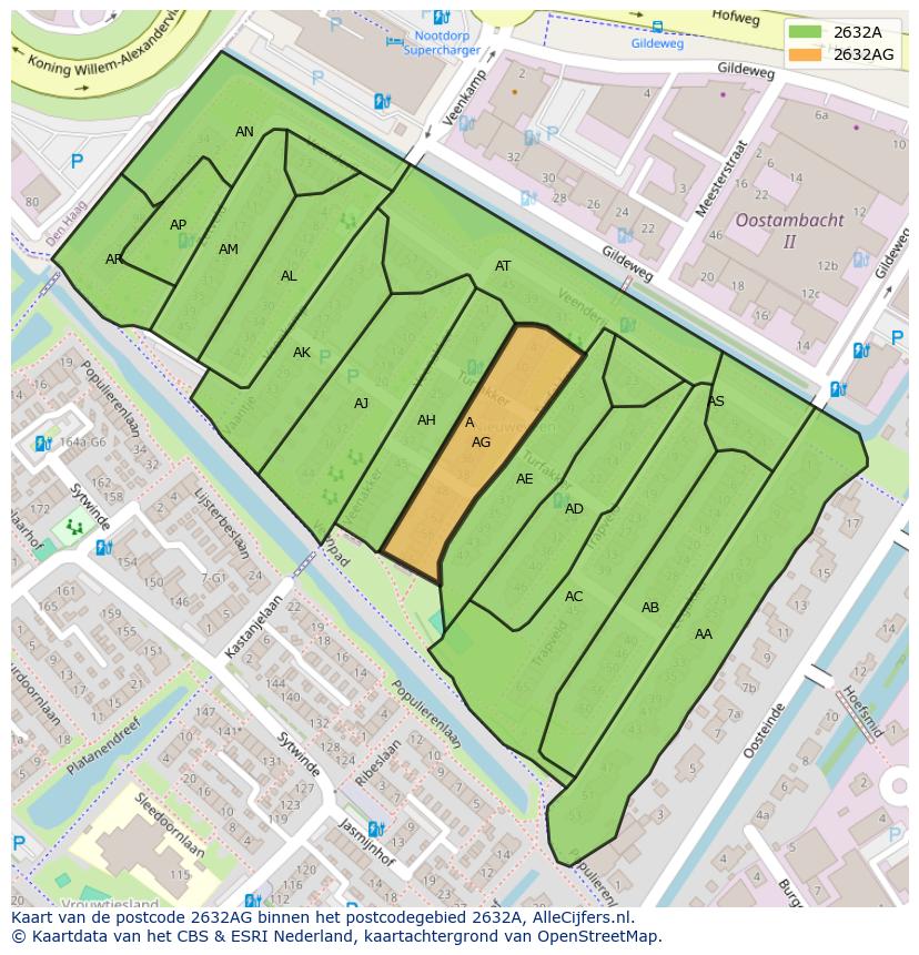 Afbeelding van het postcodegebied 2632 AG op de kaart.