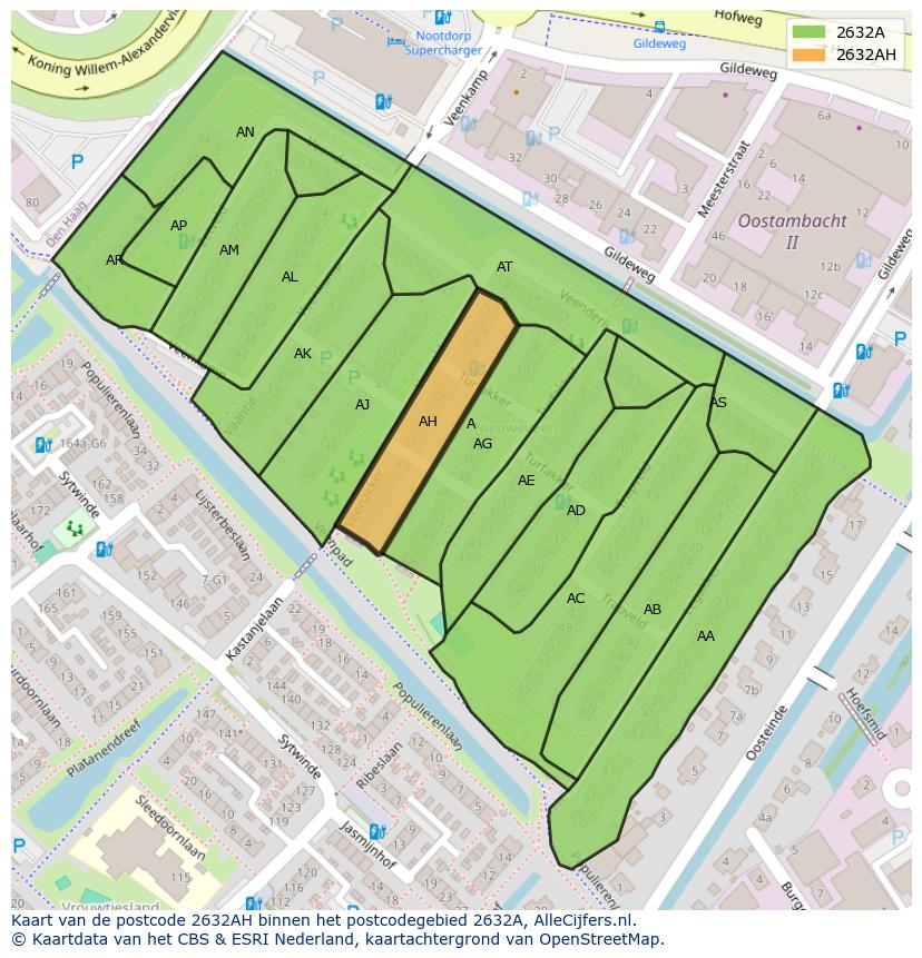 Afbeelding van het postcodegebied 2632 AH op de kaart.