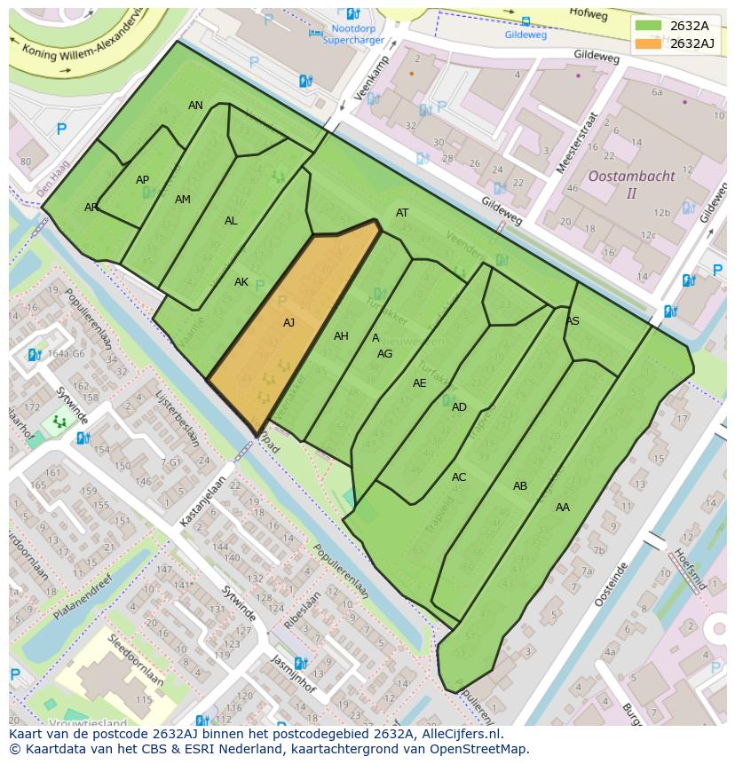 Afbeelding van het postcodegebied 2632 AJ op de kaart.