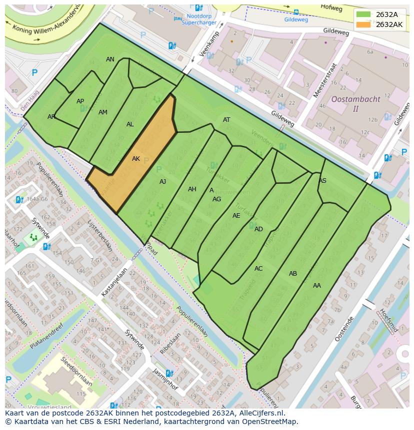 Afbeelding van het postcodegebied 2632 AK op de kaart.