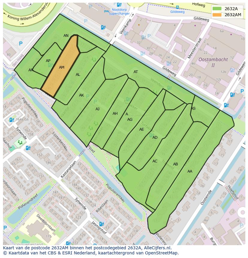 Afbeelding van het postcodegebied 2632 AM op de kaart.