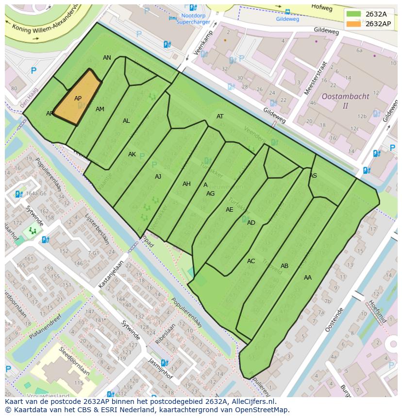 Afbeelding van het postcodegebied 2632 AP op de kaart.