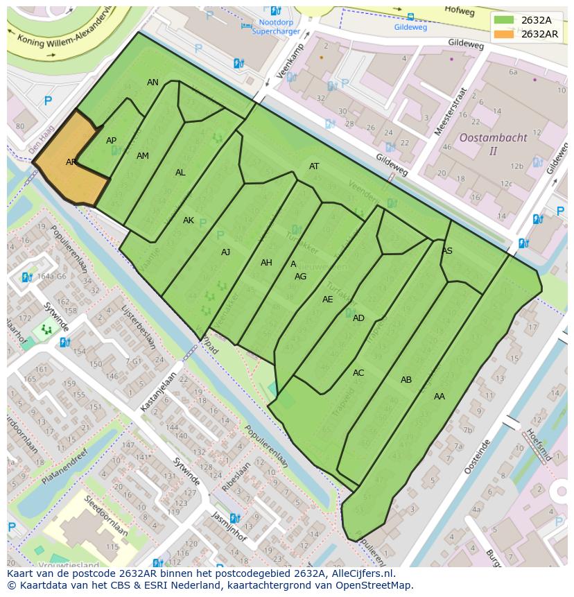 Afbeelding van het postcodegebied 2632 AR op de kaart.