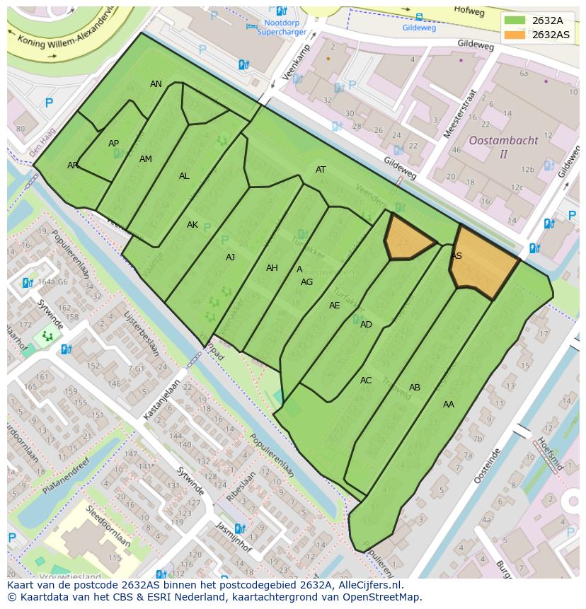 Afbeelding van het postcodegebied 2632 AS op de kaart.