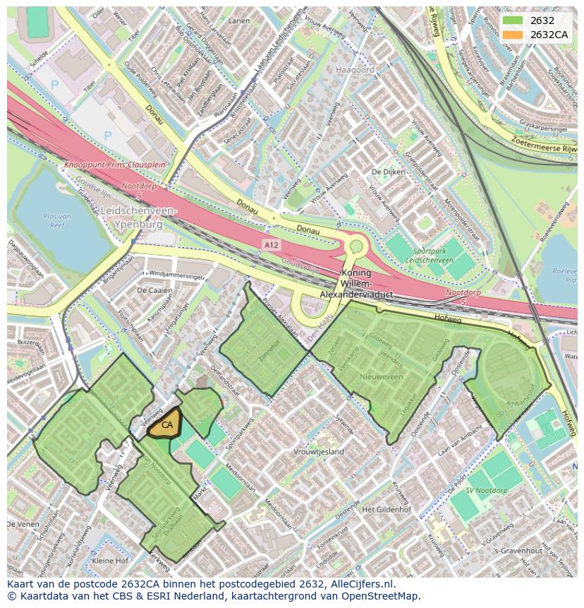 Afbeelding van het postcodegebied 2632 CA op de kaart.