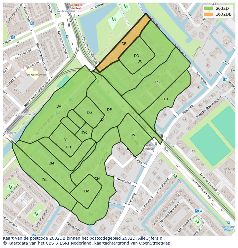 Afbeelding van het postcodegebied 2632 DB op de kaart.