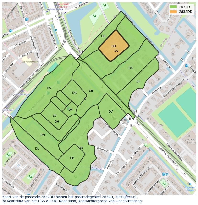 Afbeelding van het postcodegebied 2632 DD op de kaart.