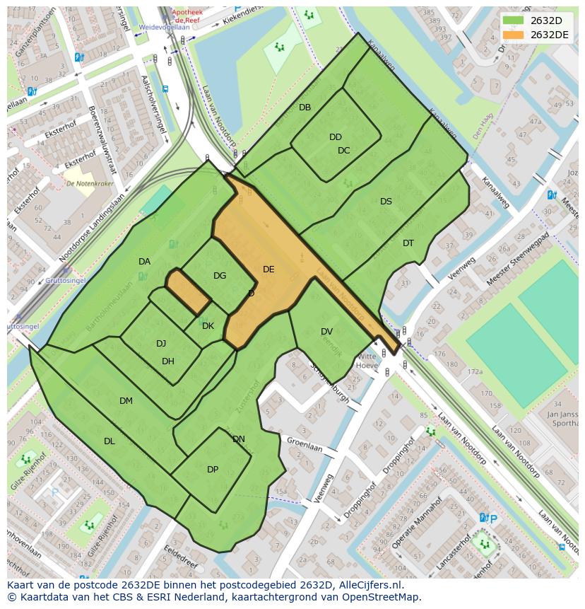 Afbeelding van het postcodegebied 2632 DE op de kaart.