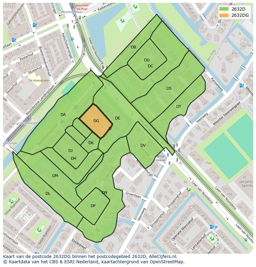 Afbeelding van het postcodegebied 2632 DG op de kaart.