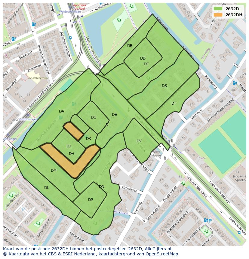 Afbeelding van het postcodegebied 2632 DH op de kaart.
