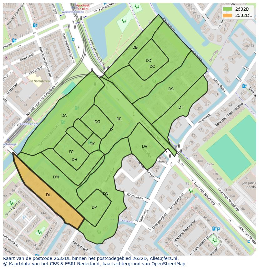 Afbeelding van het postcodegebied 2632 DL op de kaart.