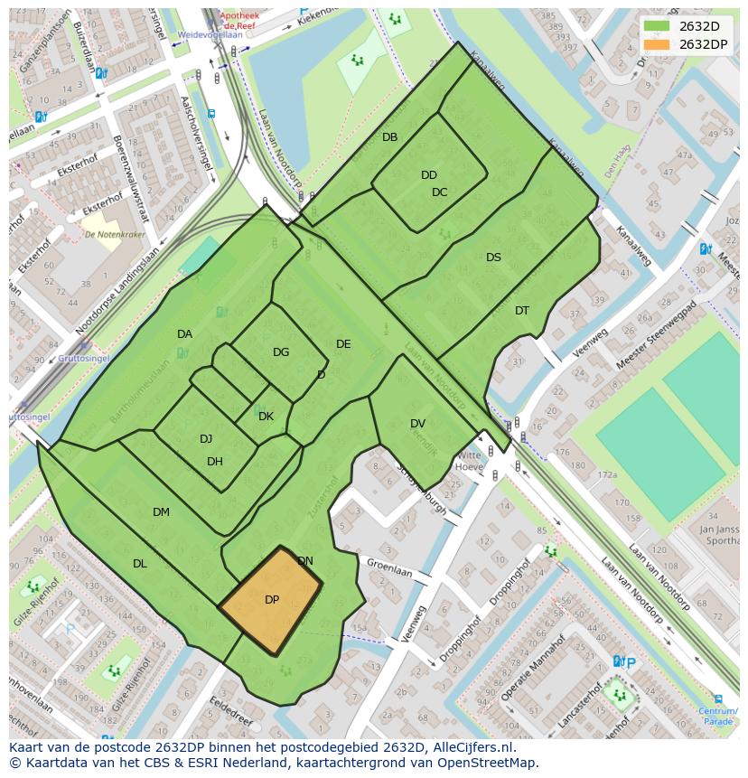 Afbeelding van het postcodegebied 2632 DP op de kaart.