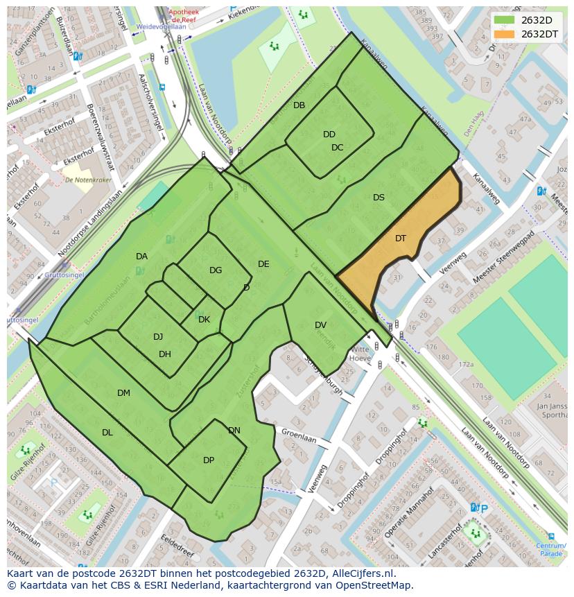 Afbeelding van het postcodegebied 2632 DT op de kaart.