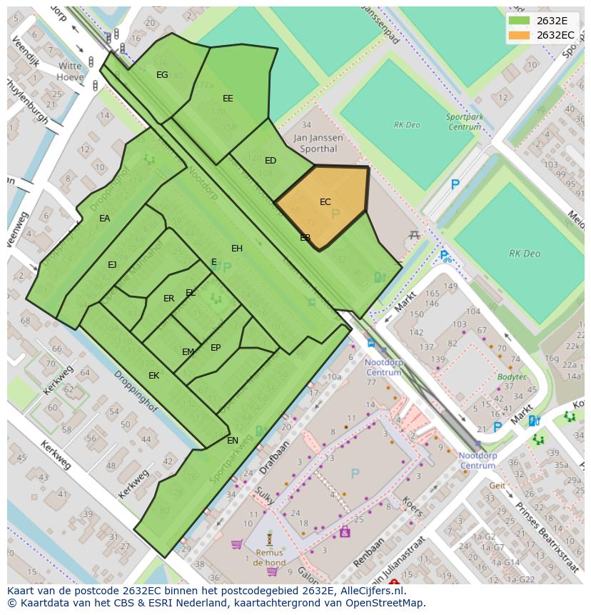 Afbeelding van het postcodegebied 2632 EC op de kaart.