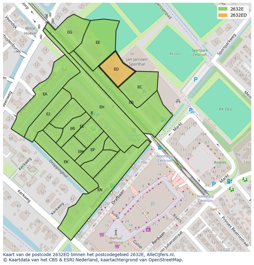 Afbeelding van het postcodegebied 2632 ED op de kaart.