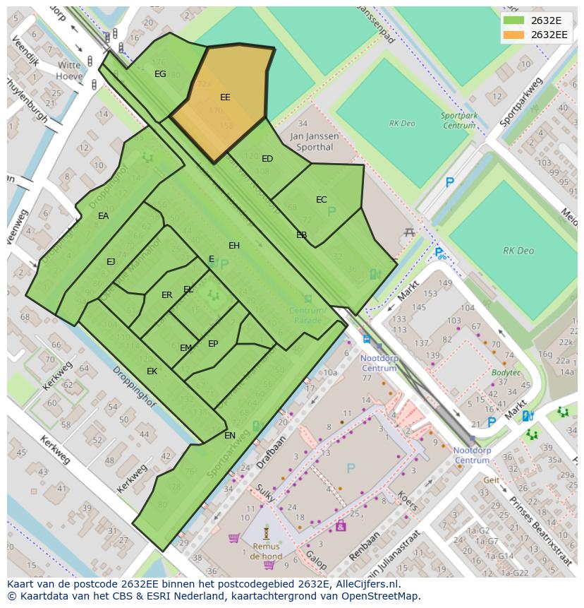 Afbeelding van het postcodegebied 2632 EE op de kaart.