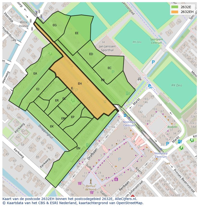 Afbeelding van het postcodegebied 2632 EH op de kaart.