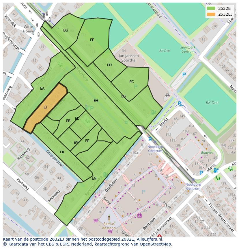 Afbeelding van het postcodegebied 2632 EJ op de kaart.