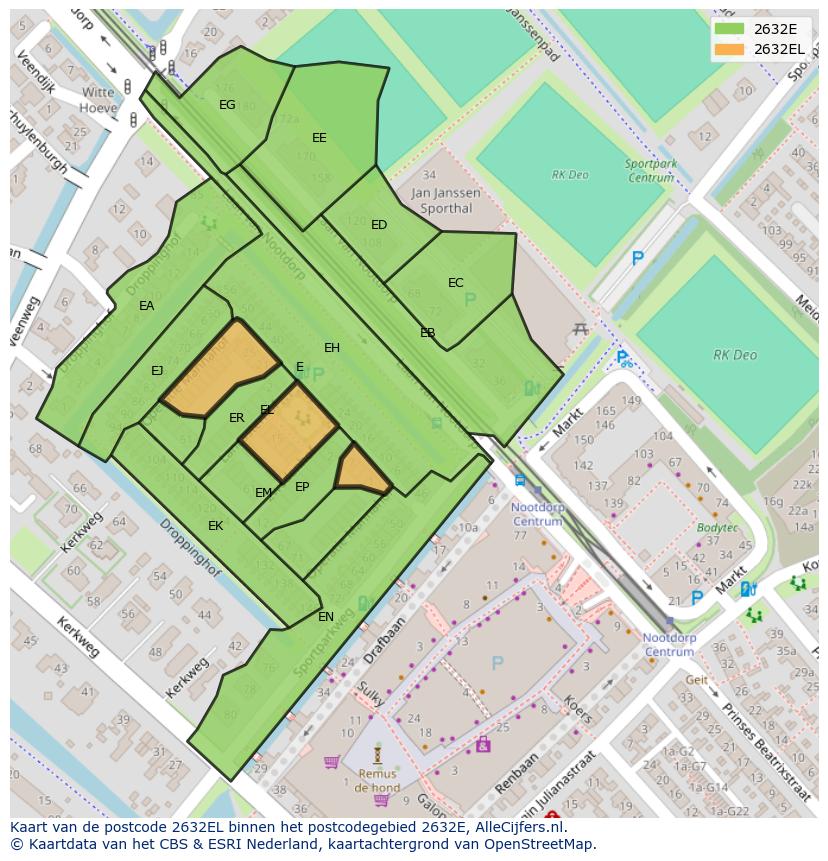 Afbeelding van het postcodegebied 2632 EL op de kaart.