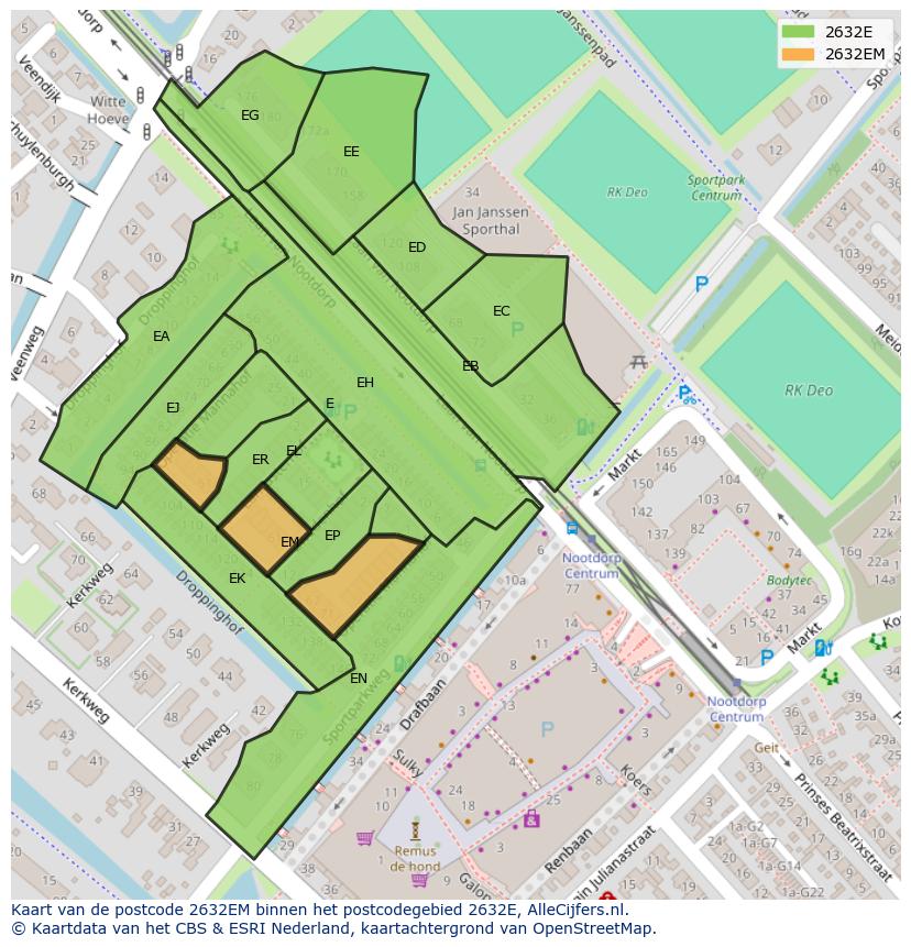 Afbeelding van het postcodegebied 2632 EM op de kaart.