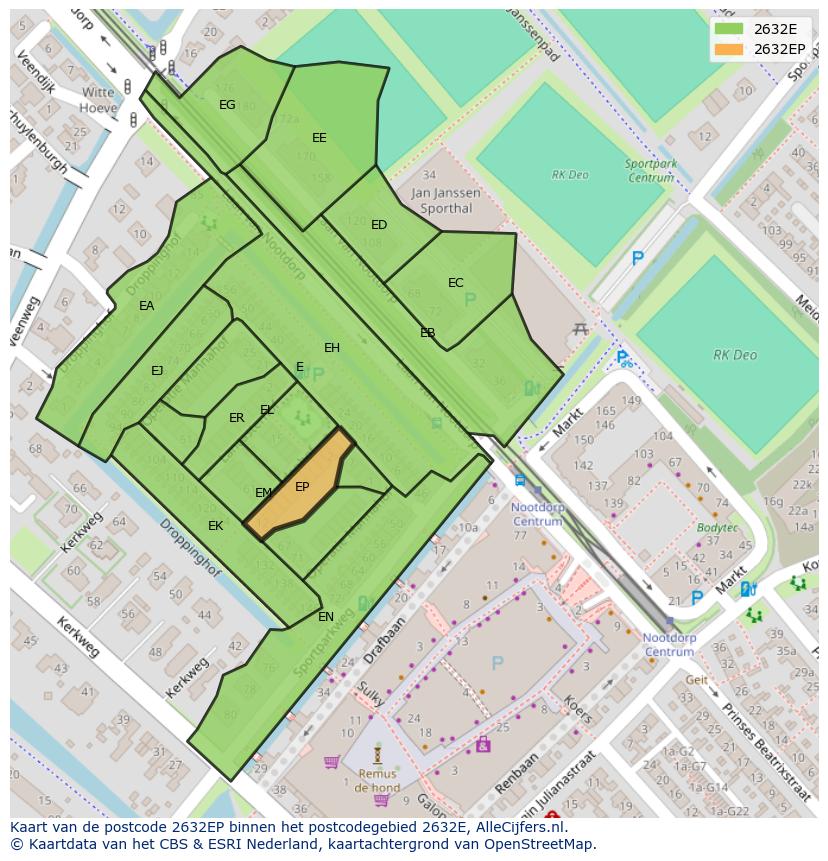 Afbeelding van het postcodegebied 2632 EP op de kaart.
