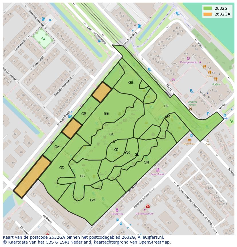 Afbeelding van het postcodegebied 2632 GA op de kaart.