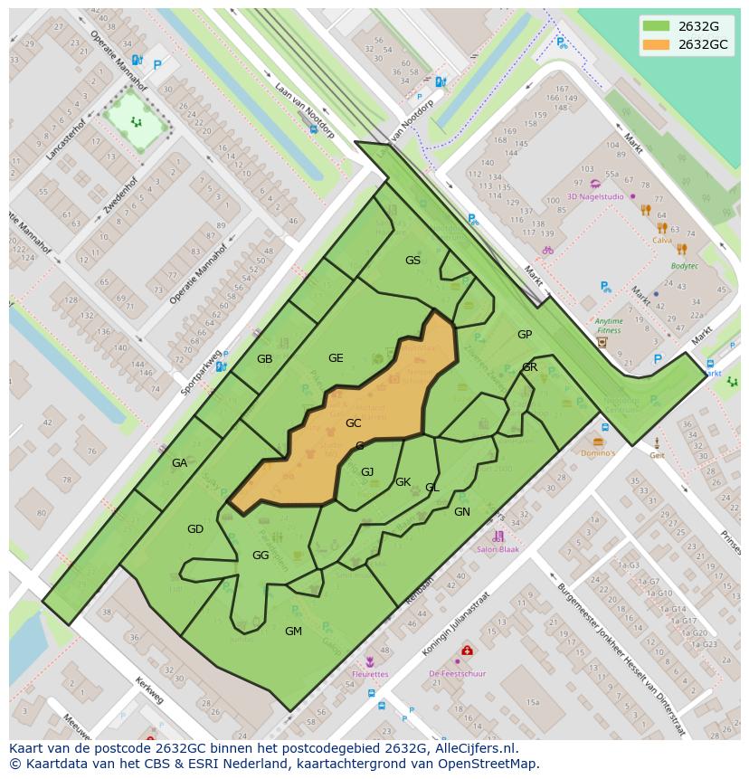 Afbeelding van het postcodegebied 2632 GC op de kaart.