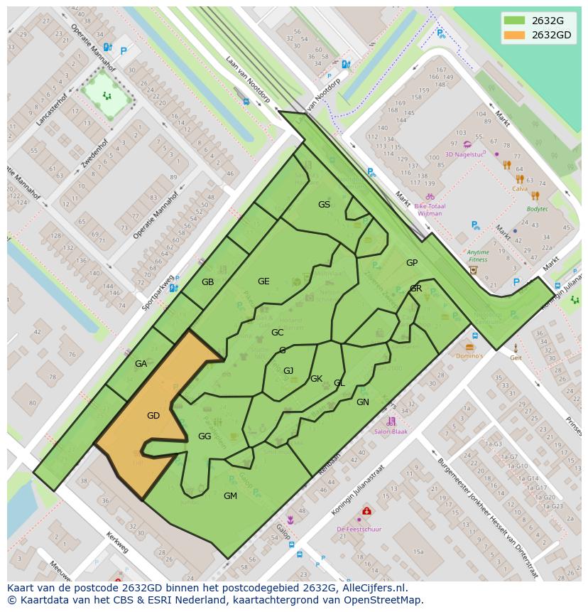 Afbeelding van het postcodegebied 2632 GD op de kaart.