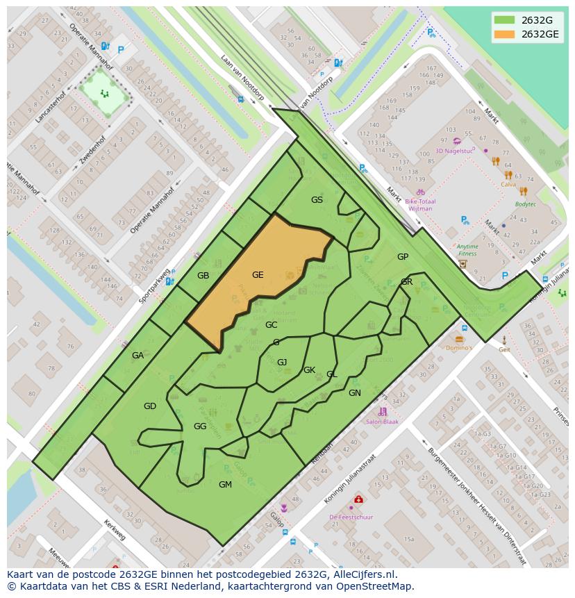Afbeelding van het postcodegebied 2632 GE op de kaart.