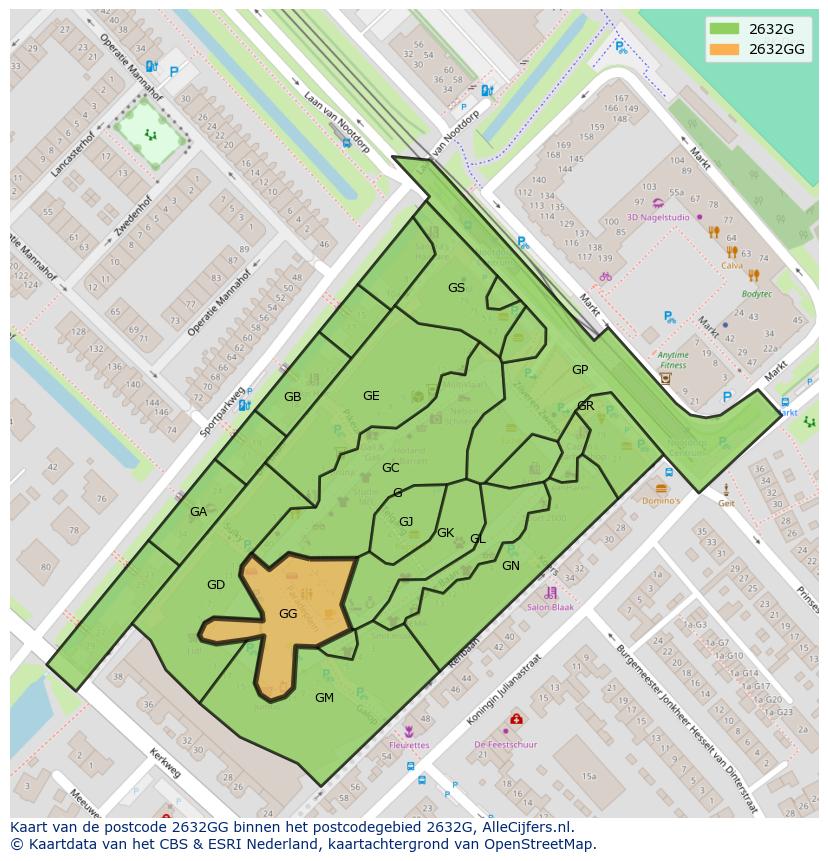 Afbeelding van het postcodegebied 2632 GG op de kaart.