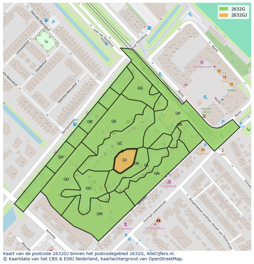 Afbeelding van het postcodegebied 2632 GJ op de kaart.