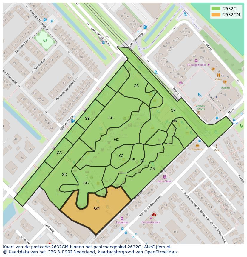Afbeelding van het postcodegebied 2632 GM op de kaart.