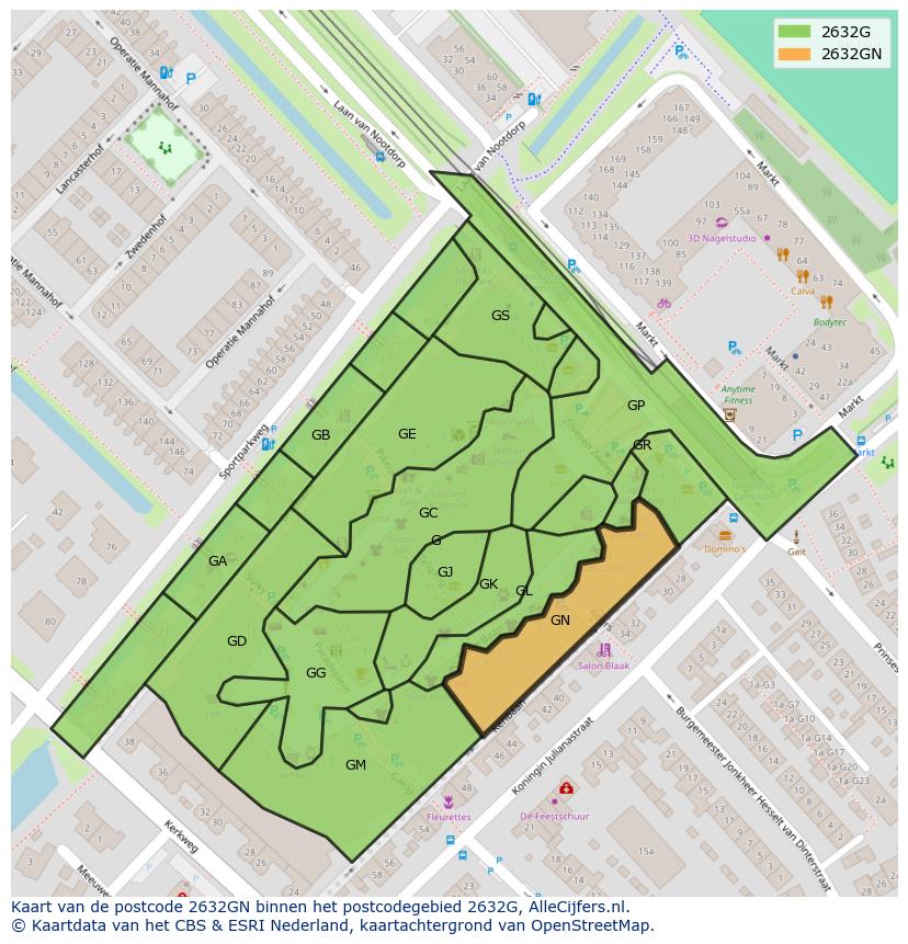 Afbeelding van het postcodegebied 2632 GN op de kaart.