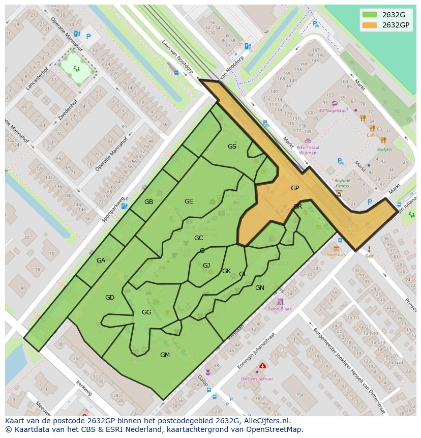 Afbeelding van het postcodegebied 2632 GP op de kaart.