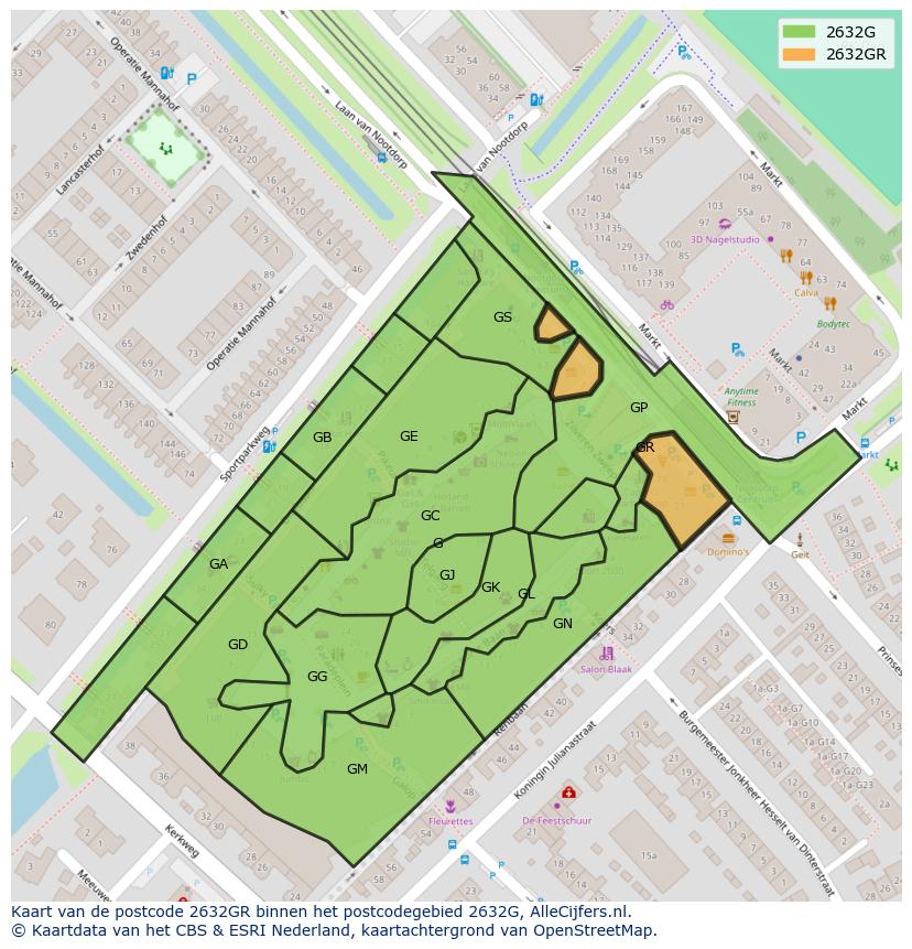 Afbeelding van het postcodegebied 2632 GR op de kaart.