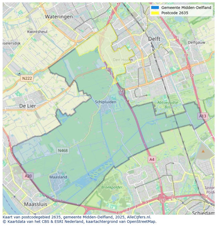 Afbeelding van het postcodegebied 2635 op de kaart.