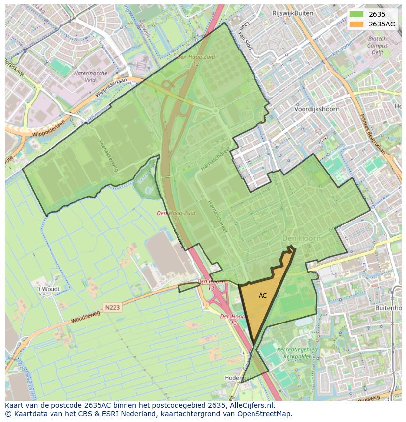Afbeelding van het postcodegebied 2635 AC op de kaart.