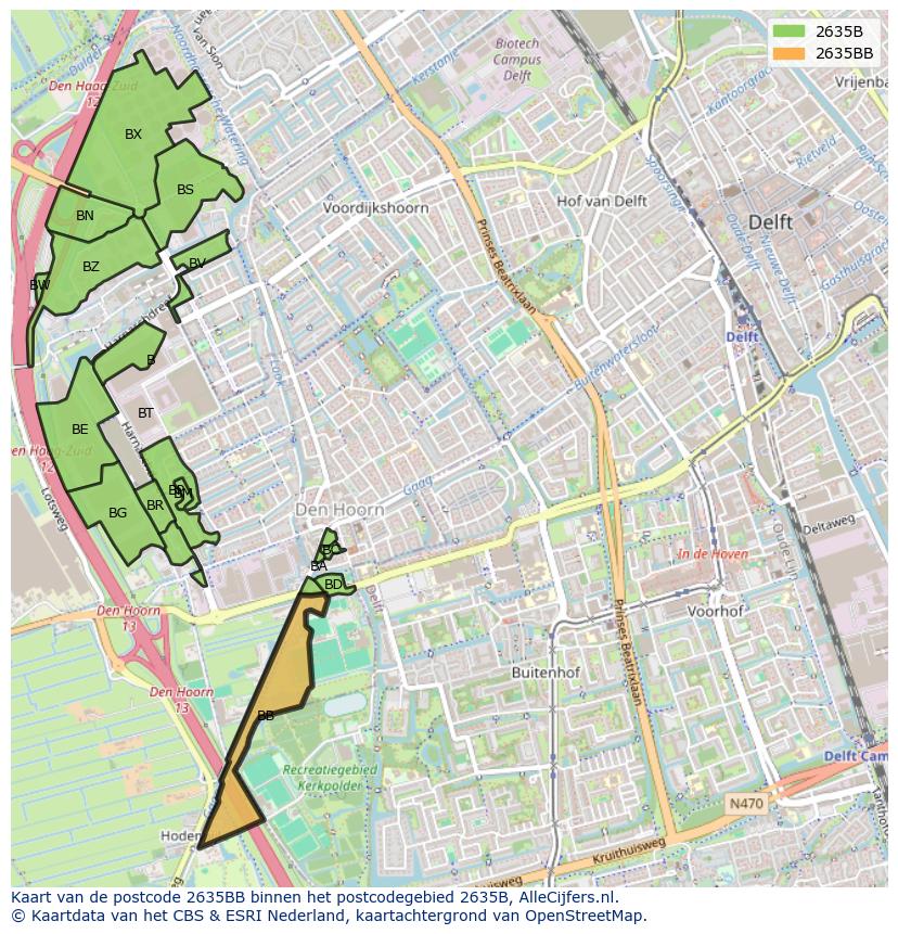 Afbeelding van het postcodegebied 2635 BB op de kaart.