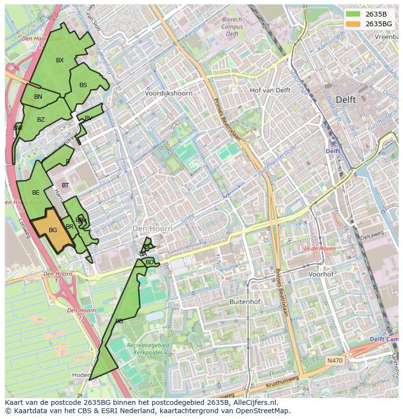 Afbeelding van het postcodegebied 2635 BG op de kaart.