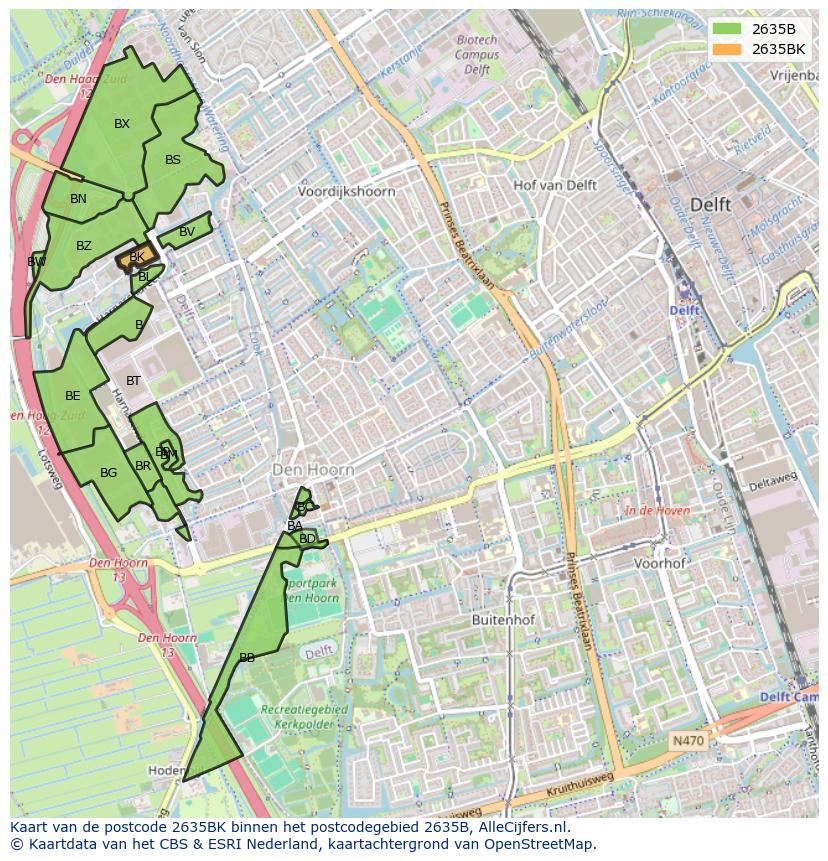 Afbeelding van het postcodegebied 2635 BK op de kaart.